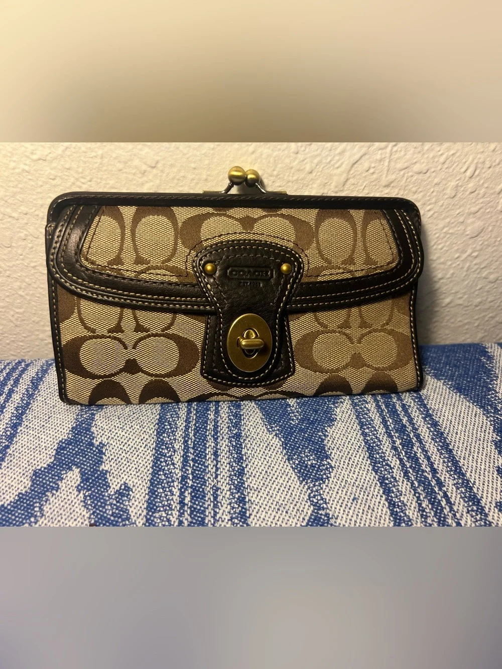 Coach Brown Signature Canvas and Leather Wallet with Turnlock - See Note